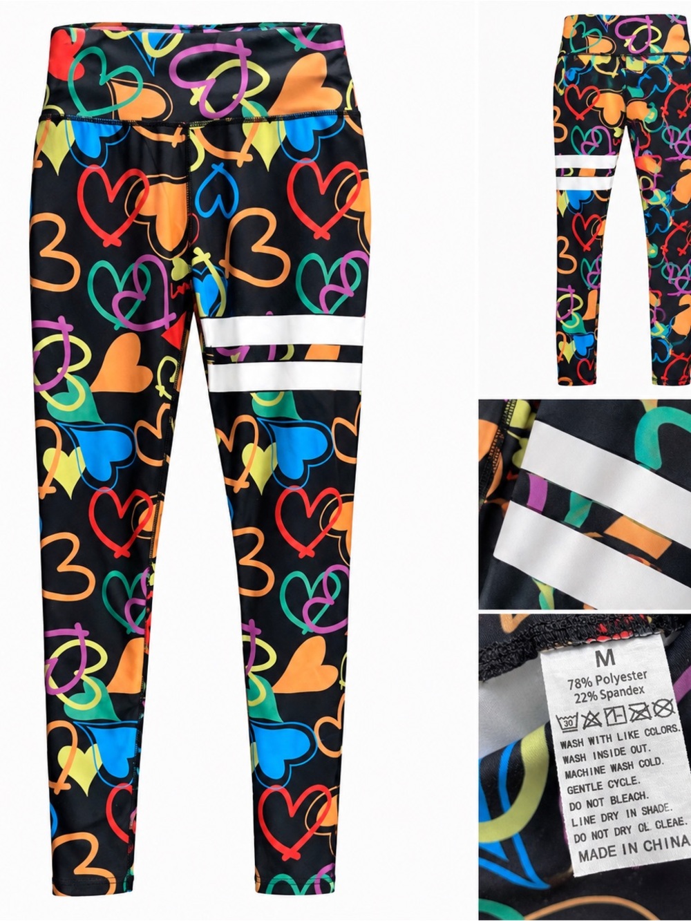 Colorful Heart Print Leggings Black Size M